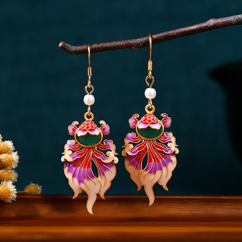Buddha Stones Boucles d'oreilles pendantes rétro en cuivre représentant des carpes koï, symbole de richesse. - image 1
