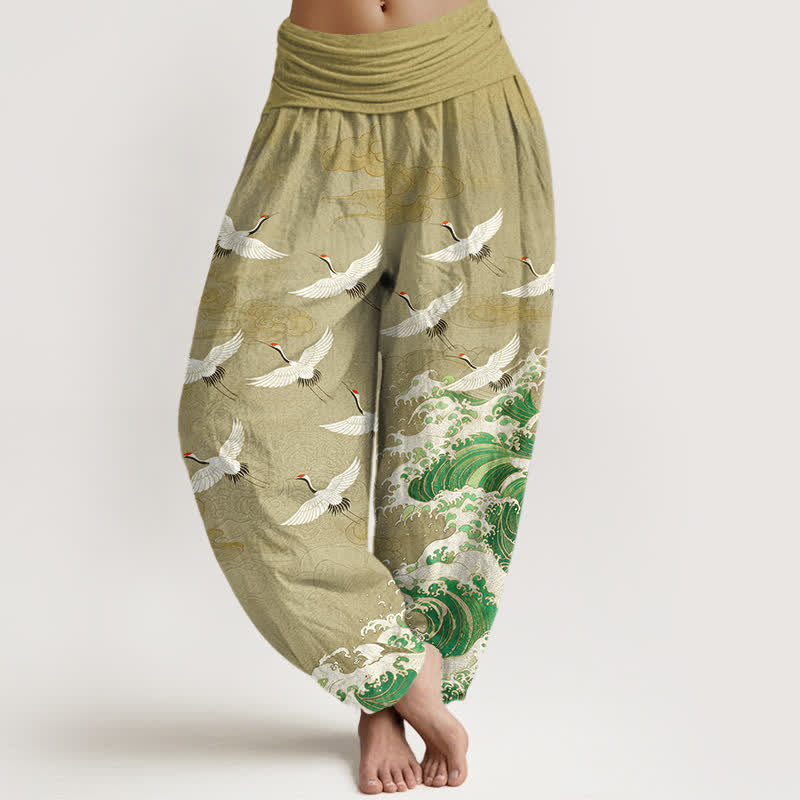 Buddha Stones Pantalon harem à taille élastique pour femme, en coton blanc à motif de grues et de vagues. - Jaune d'or pâle - US16，UK/AU20，EU48 (3XL) - image 5