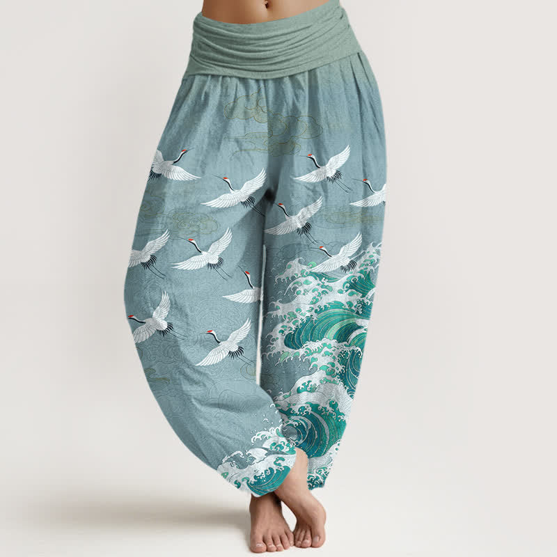 Buddha Stones Pantalon harem à taille élastique pour femme, en coton blanc à motif de grues et de vagues. - Turquoise moyen - US16，UK/AU20，EU48 (3XL) - image 8