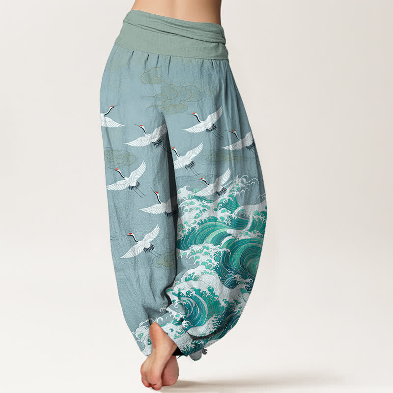 Buddha Stones Pantalon harem à taille élastique pour femme, en coton blanc à motif de grues et de vagues. - image 10