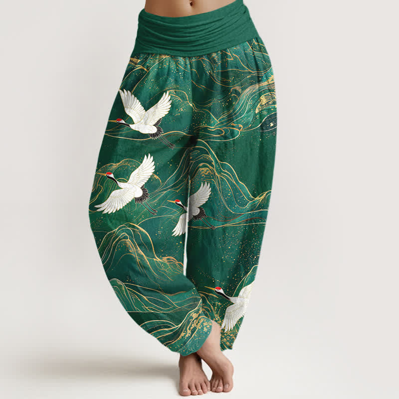 Buddha Stones Pantalon harem pour femme en coton à motif de grues orientales et taille élastique - Vert forêt - US16，UK/AU20，EU48 (3XL) - image 0