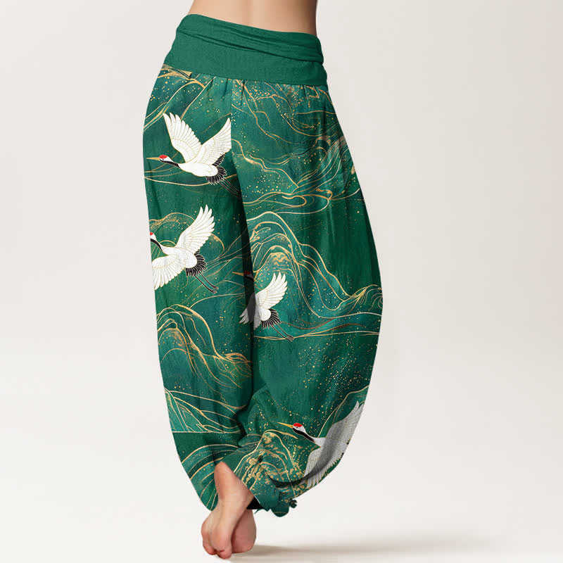 Buddha Stones Pantalon harem pour femme en coton à motif de grues orientales et taille élastique - image 2