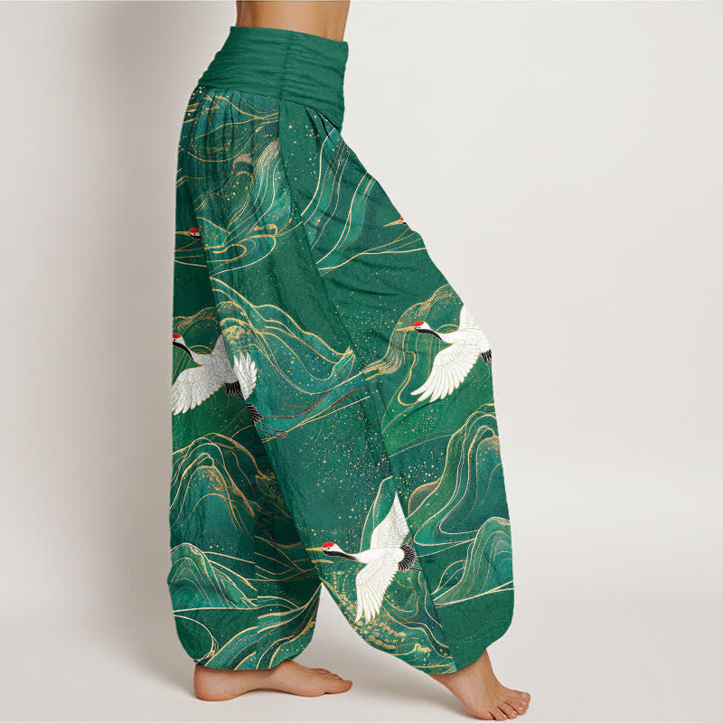 Buddha Stones Pantalon harem pour femme en coton à motif de grues orientales et taille élastique - image 1