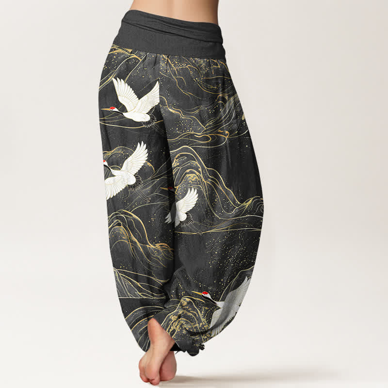 Buddha Stones Pantalon harem pour femme en coton à motif de grues orientales et taille élastique - image 7