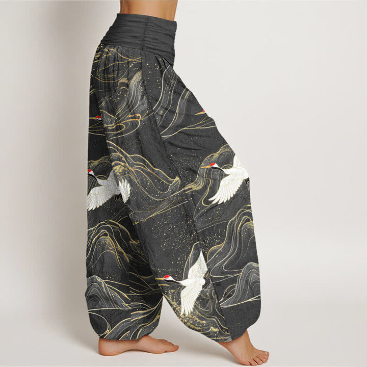 Buddha Stones Pantalon harem pour femme en coton à motif de grues orientales et taille élastique - image 6