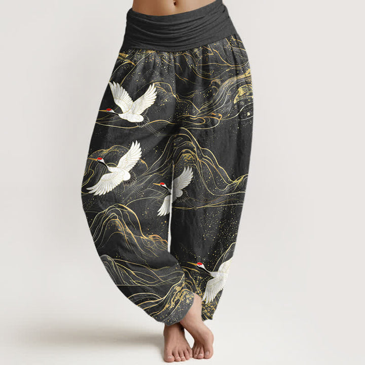 Buddha Stones Pantalon harem pour femme en coton à motif de grues orientales et taille élastique - Noir - US16，UK/AU20，EU48 (3XL) - image 5