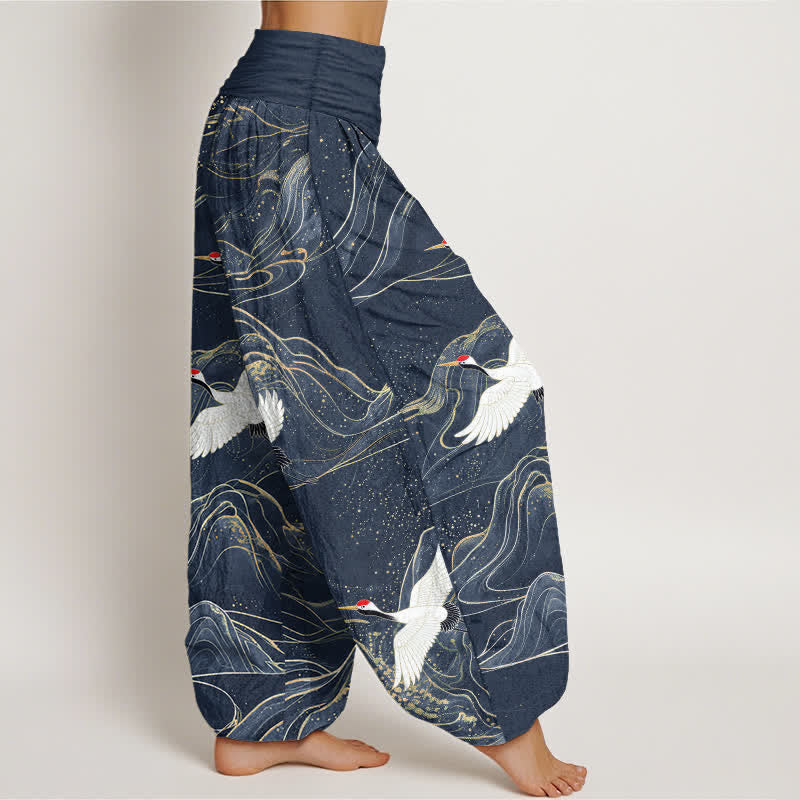 Buddha Stones Pantalon harem pour femme en coton à motif de grues orientales et taille élastique - image 9