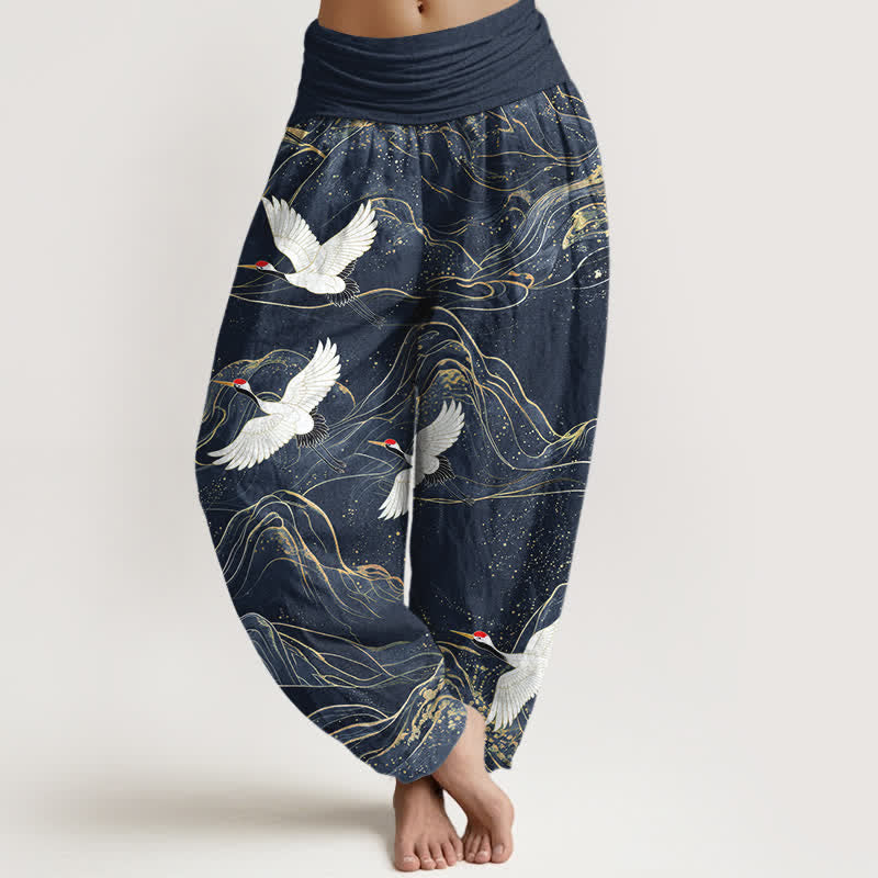 Buddha Stones Pantalon harem pour femme en coton à motif de grues orientales et taille élastique - Bleu nuit - US16，UK/AU20，EU48 (3XL) - image 8
