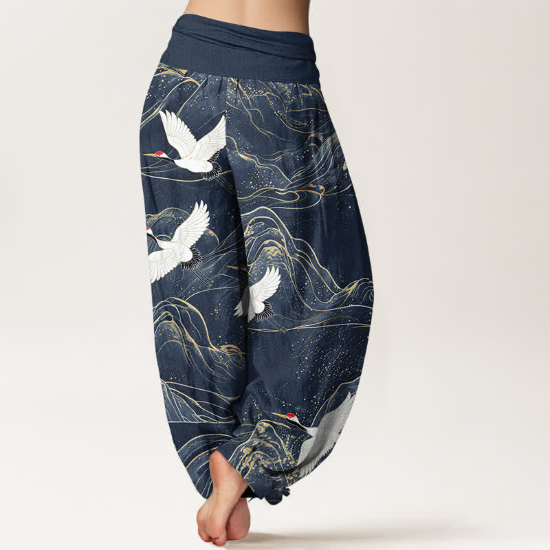 Buddha Stones Pantalon harem pour femme en coton à motif de grues orientales et taille élastique - image 10