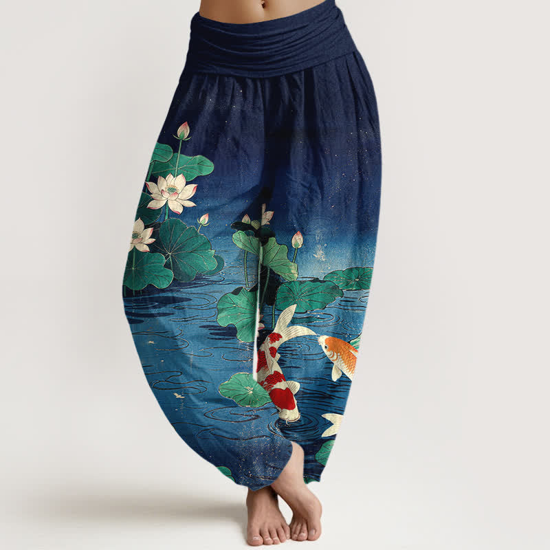 Buddha Stones Pantalon harem à taille élastique pour femme, motif lotus en fleurs et carpe koï en coton - Marine - US16，UK/AU20，EU48 (3XL) - image 0
