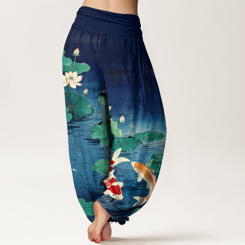 Buddha Stones Pantalon harem à taille élastique pour femme, motif lotus en fleurs et carpe koï en coton - image 1