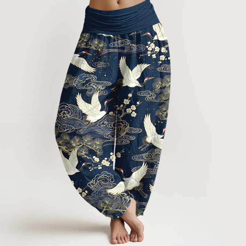 Buddha Stones Pantalon harem à taille élastique pour femme, en coton, motif floral de grues orientales - Marine - US16，UK/AU20，EU48 (3XL) - image 0