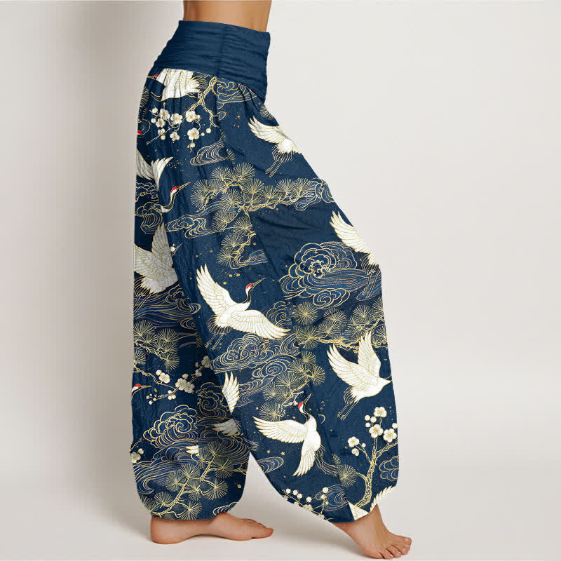 Buddha Stones Pantalon harem à taille élastique pour femme, en coton, motif floral de grues orientales - image 1