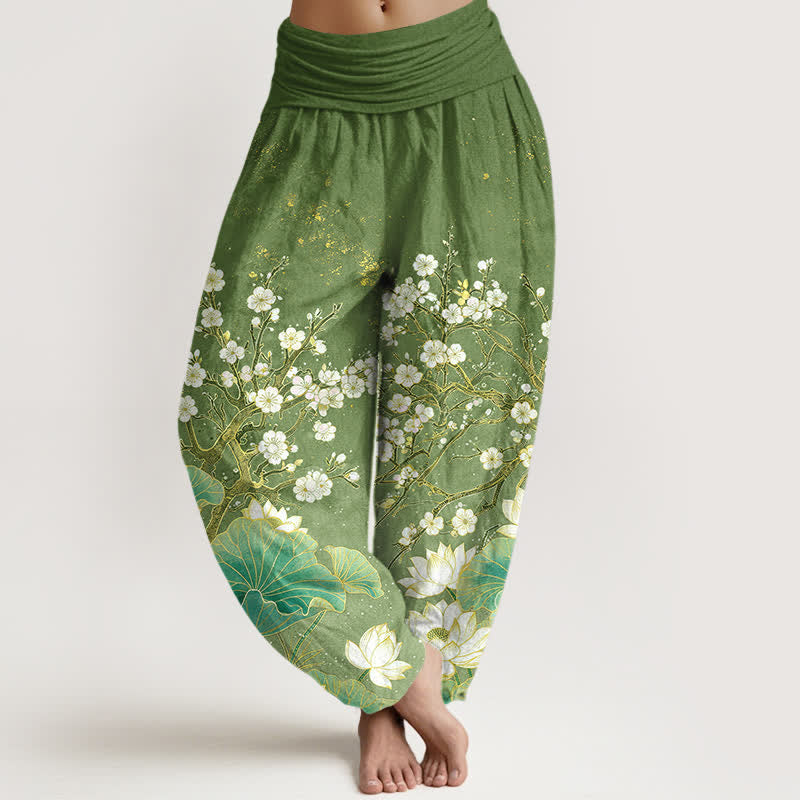 Buddha Stones Pantalon harem à taille élastique pour femme, en coton, à motif floral de lotus. - Vert olive - US16，UK/AU20，EU48 (3XL) - image 0