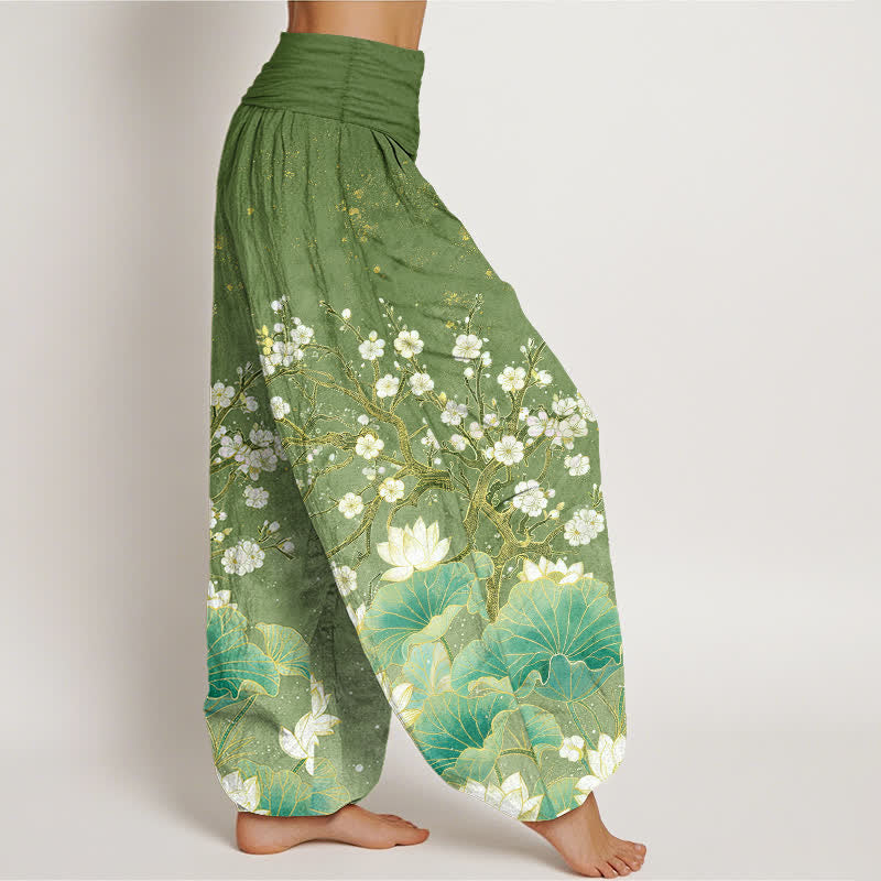 Buddha Stones Pantalon harem à taille élastique pour femme, en coton, à motif floral de lotus. - image 1