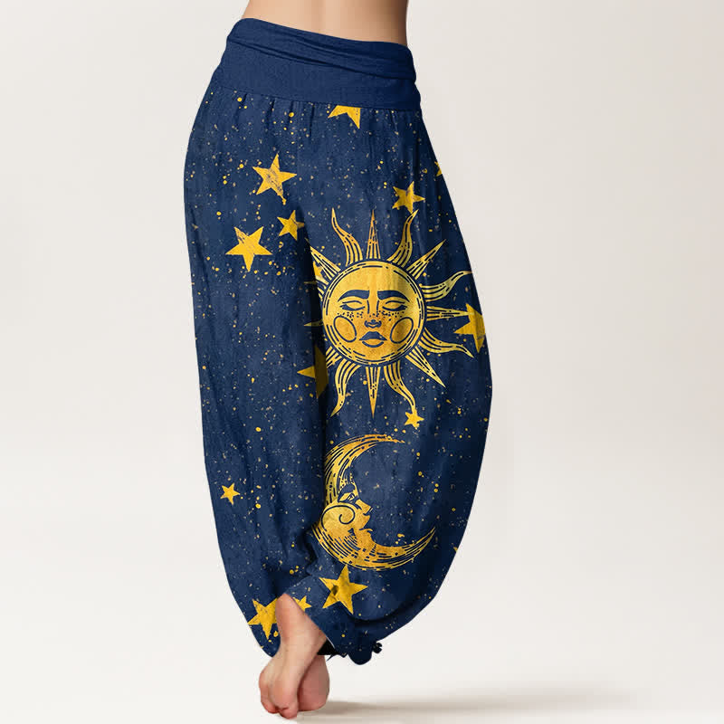 Buddha Stones Pantalon harem à taille élastique pour femme, en coton, motif soleil et étoiles dorées - image 1