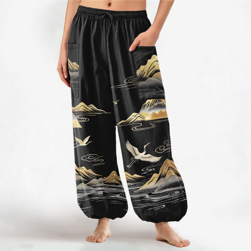 Buddha Stones Pantalon harem pour femme en coton à motif de grues et paysage serein, taille élastique et poches latérales - Noir - US16，UK/AU20，EU48 (3XL) - image 0