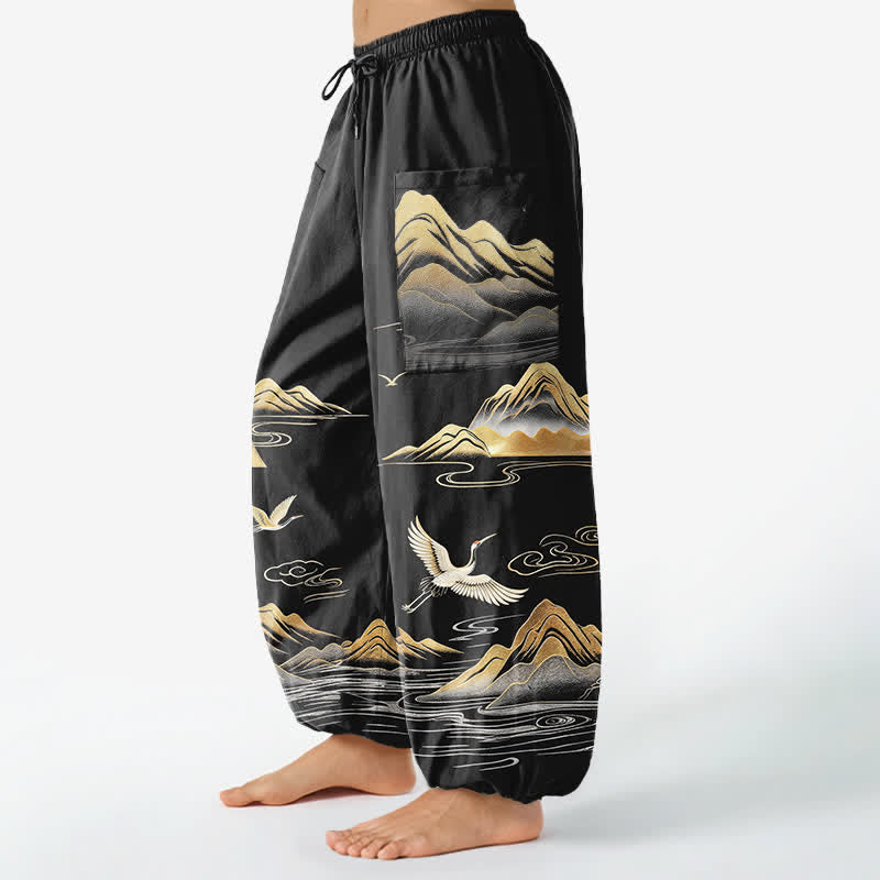 Buddha Stones Pantalon harem pour femme en coton à motif de grues et paysage serein, taille élastique et poches latérales - image 1