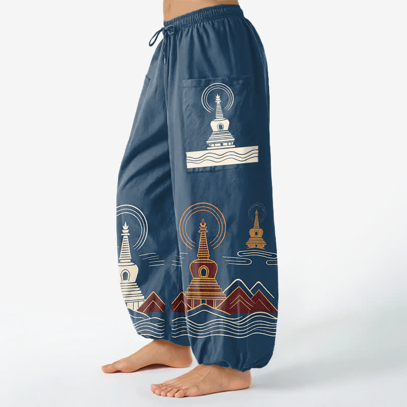Buddha Stones Pantalon harem pour femme en coton à motif pagode vintage, taille élastique et poches latérales - image 1