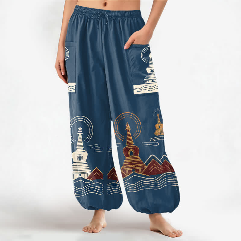Buddha Stones Pantalon harem pour femme en coton à motif pagode vintage, taille élastique et poches latérales - SteelBlue - US16，UK/AU20，EU48 (3XL) - image 0
