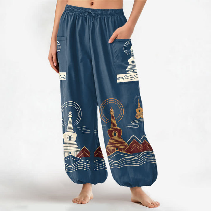 Buddha Stones Pantalon harem pour femme en coton à motif pagode vintage, taille élastique et poches latérales - SteelBlue - US16，UK/AU20，EU48 (3XL) - image 0