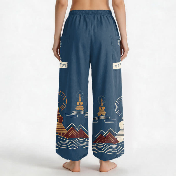 Buddha Stones Pantalon harem pour femme en coton à motif pagode vintage, taille élastique et poches latérales - image 2