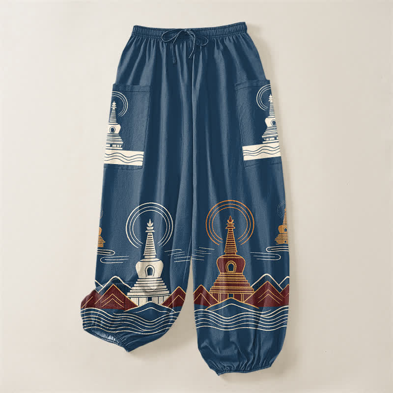 Buddha Stones Pantalon harem pour femme en coton à motif pagode vintage, taille élastique et poches latérales - image 3
