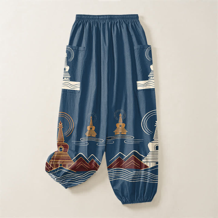 Buddha Stones Pantalon harem pour femme en coton à motif pagode vintage, taille élastique et poches latérales - image 4
