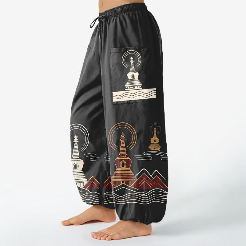 Buddha Stones Pantalon harem pour femme en coton à motif pagode vintage, taille élastique et poches latérales - image 8
