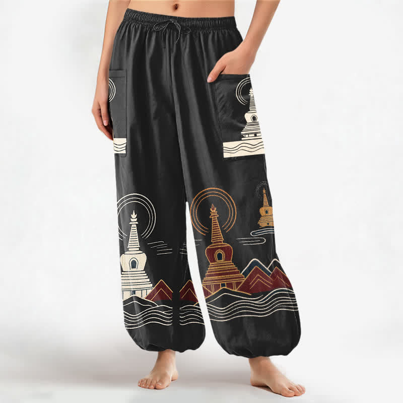 Buddha Stones Pantalon harem pour femme en coton à motif pagode vintage, taille élastique et poches latérales - Noir - US16，UK/AU20，EU48 (3XL) - image 7