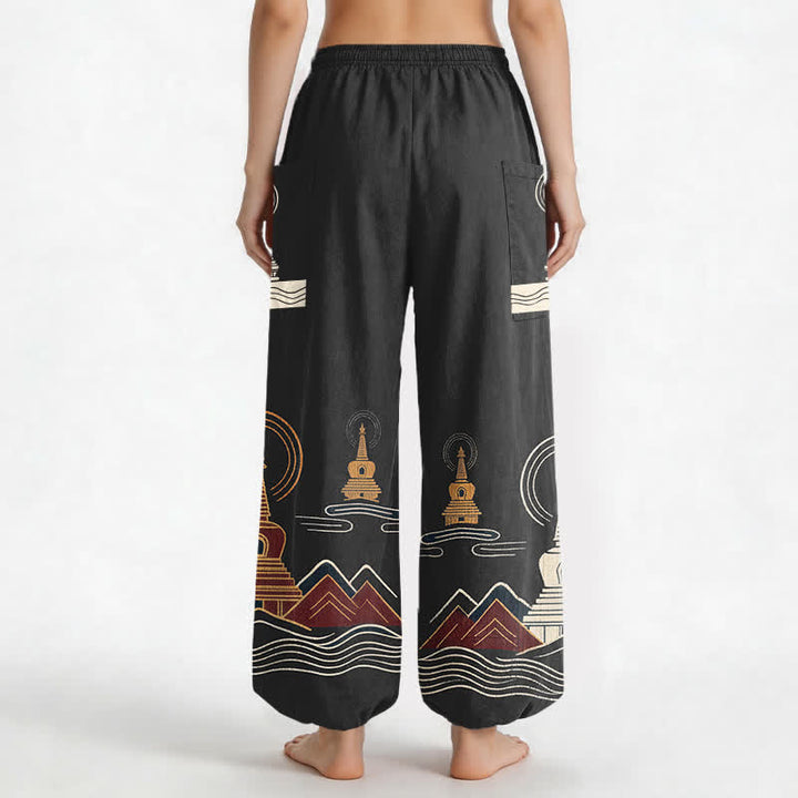 Buddha Stones Pantalon harem pour femme en coton à motif pagode vintage, taille élastique et poches latérales - image 9