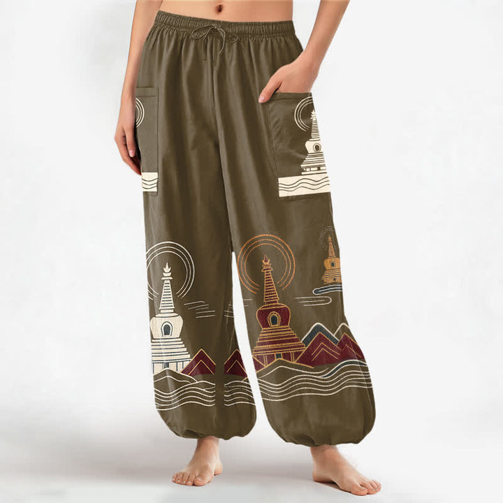 Buddha Stones Pantalon harem pour femme en coton à motif pagode vintage, taille élastique et poches latérales - Olive - US16，UK/AU20，EU48 (3XL) - image 10