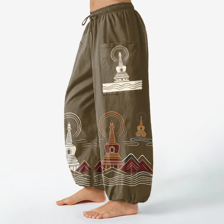 Buddha Stones Pantalon harem pour femme en coton à motif pagode vintage, taille élastique et poches latérales - image 11