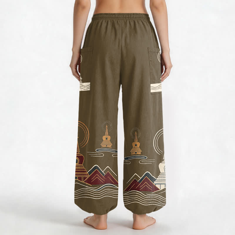 Buddha Stones Pantalon harem pour femme en coton à motif pagode vintage, taille élastique et poches latérales - image 12