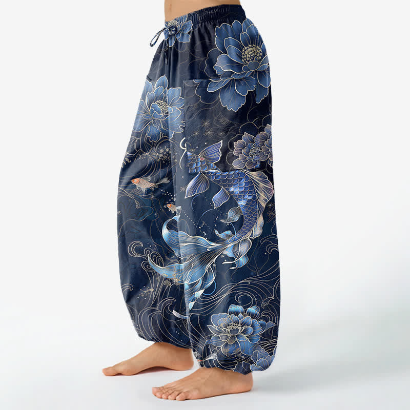 Buddha Stones Pantalon harem pour femme en coton à motif pivoine koi artistique, taille élastique et poches latérales - image 1