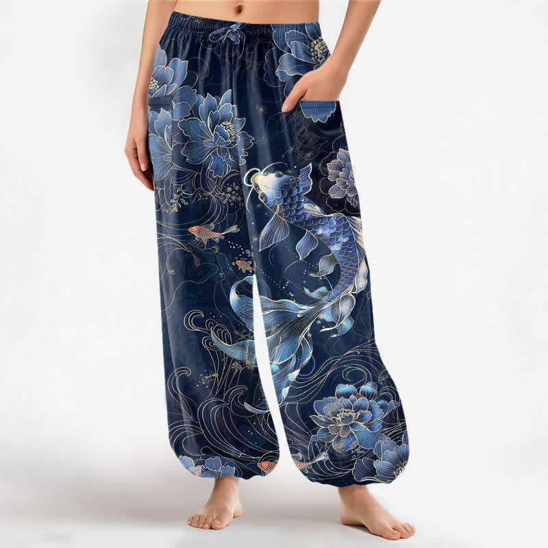 Buddha Stones Pantalon harem pour femme en coton à motif pivoine koi artistique, taille élastique et poches latérales - Marine - US16，UK/AU20，EU48 (3XL) - image 0