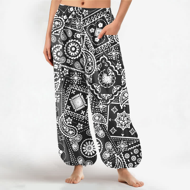 Buddha Stones Pantalon harem pour femme en coton à motif cachemire bohème, taille élastique et poches latérales - Noir - US16，UK/AU20，EU48 (3XL) - image 0