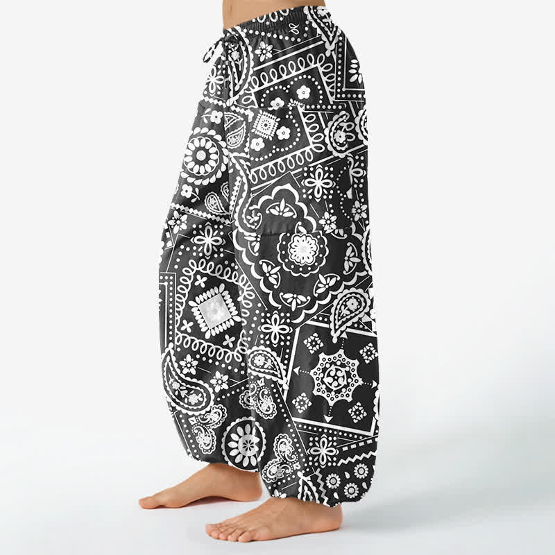 Buddha Stones Pantalon harem pour femme en coton à motif cachemire bohème, taille élastique et poches latérales - image 1