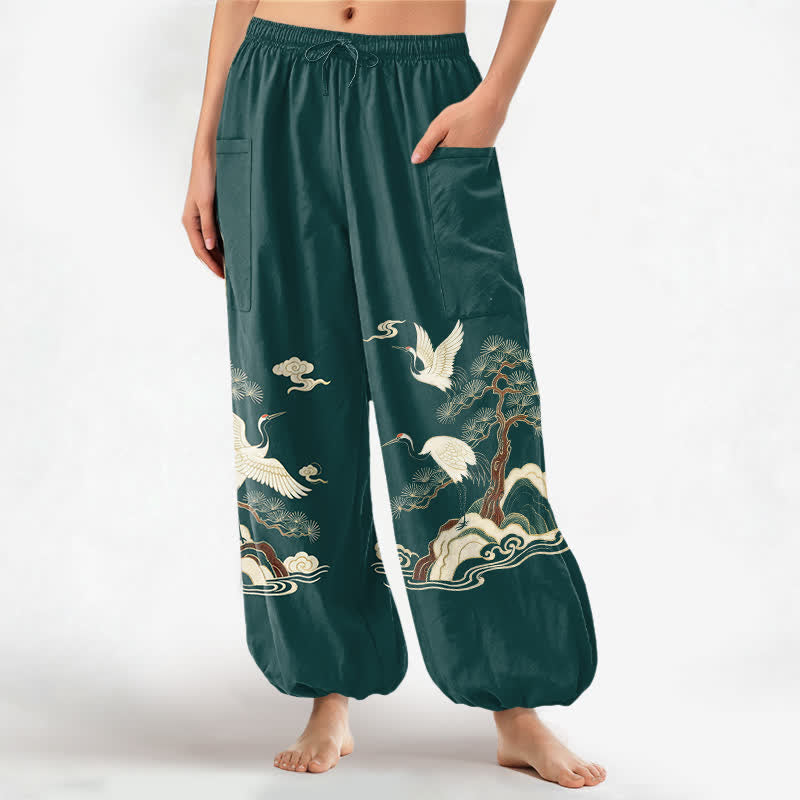 Buddha Stones Pantalon harem pour femme en coton à motif de grues orientales et de pins, taille élastique et poches latérales - Sarcelle - US16，UK/AU20，EU48 (3XL) - image 0