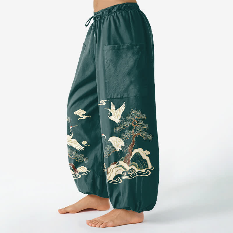 Buddha Stones Pantalon harem pour femme en coton à motif de grues orientales et de pins, taille élastique et poches latérales - image 1