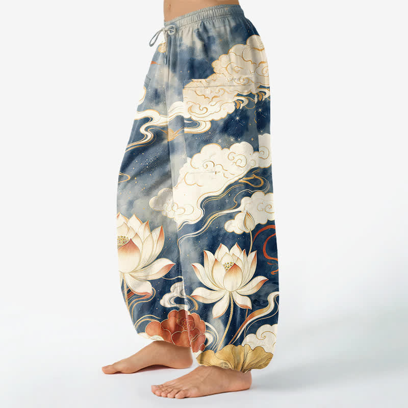 Buddha Stones Pantalon harem pour femme en coton à motif de nuages ​​de lotus orientaux et taille élastique avec poches latérales - image 1
