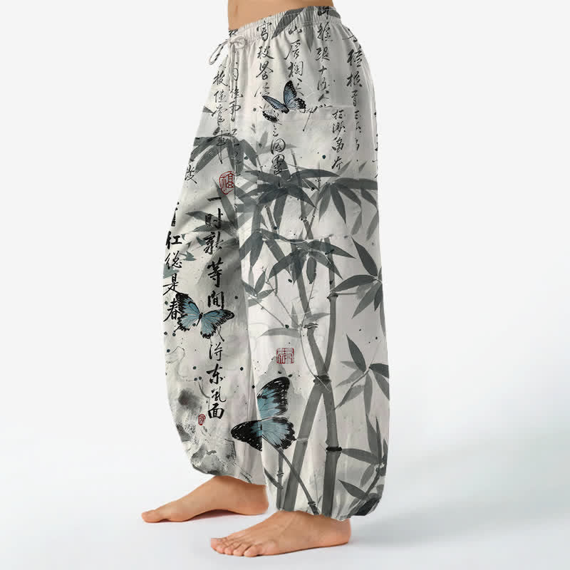 Buddha Stones Pantalon harem pour femme, en coton, encre, motif papillon bambou, taille élastique et poches latérales - image 1