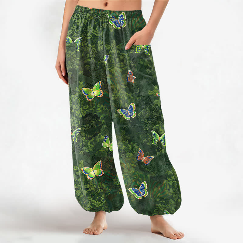 Buddha Stones Pantalon harem pour femme en coton, à taille élastique et poches latérales, orné d'un motif de papillons et de feuillage inspiré par la nature. - Vert forêt - US16，UK/AU20，EU48 (3XL) - image 0