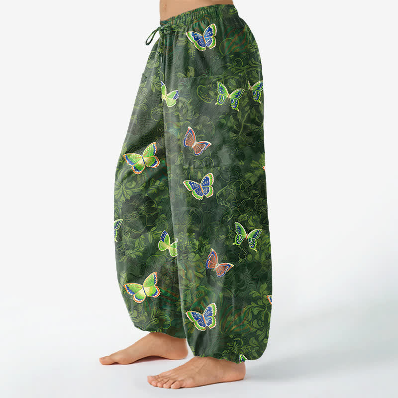 Buddha Stones Pantalon harem pour femme en coton, à taille élastique et poches latérales, orné d'un motif de papillons et de feuillage inspiré par la nature. - image 1