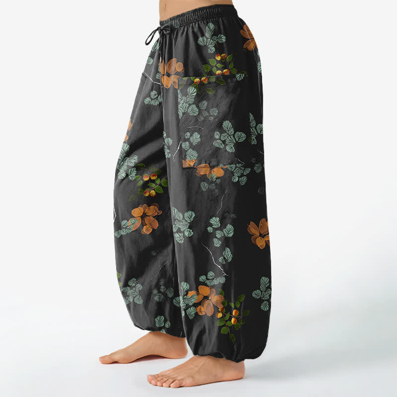 Buddha Stones Pantalon harem pour femme en coton à motif floral botanique bohème et taille élastique avec poches latérales - image 1