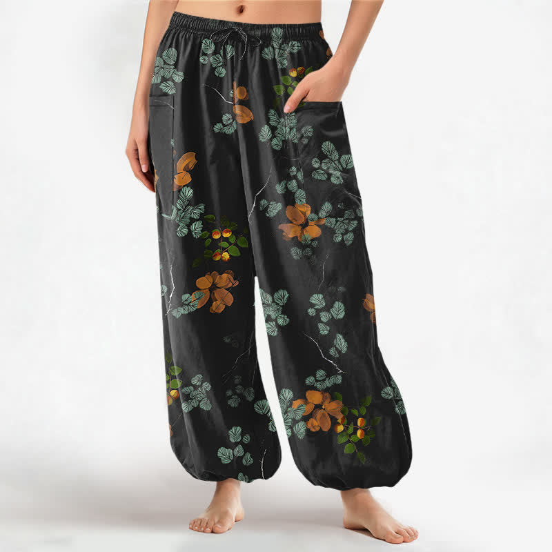 Buddha Stones Pantalon harem pour femme en coton à motif floral botanique bohème et taille élastique avec poches latérales - Noir - US16，UK/AU20，EU48 (3XL) - image 0