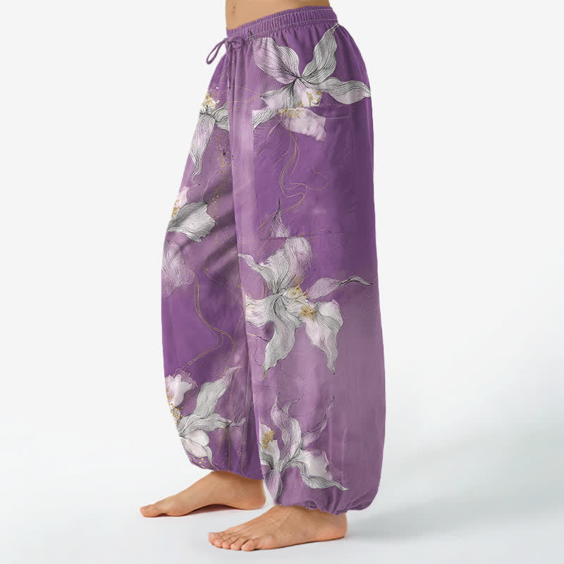 Buddha Stones Pantalon harem pour femme en coton blanc vintage à motif floral, taille élastique et poches latérales - image 1