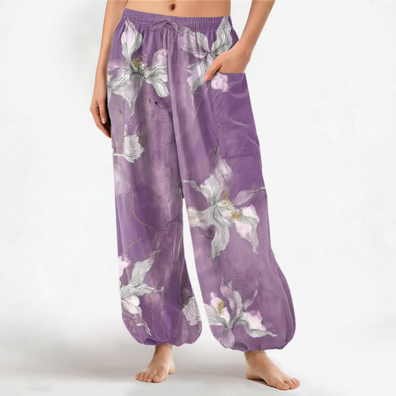 Buddha Stones Pantalon harem pour femme en coton blanc vintage à motif floral, taille élastique et poches latérales - Orchidée moyenne - US16，UK/AU20，EU48 (3XL) - image 0