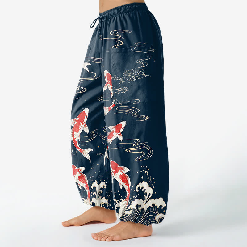 Buddha Stones Pantalon harem pour femme en coton à motif vagues et carpes koï, taille élastique et poches latérales - image 1