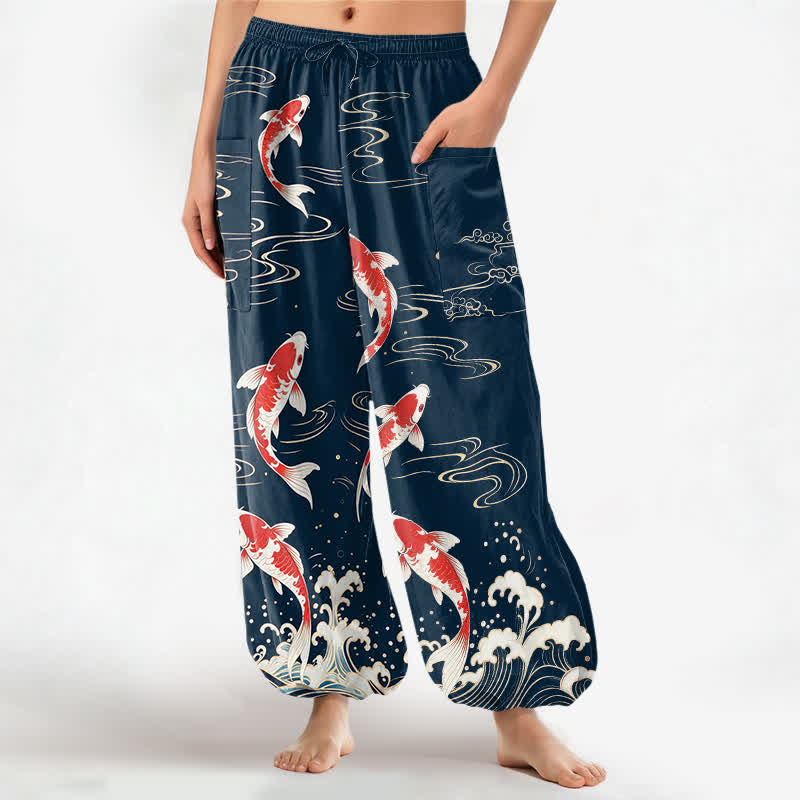 Buddha Stones Pantalon harem pour femme en coton à motif vagues et carpes koï, taille élastique et poches latérales - Marine - US16，UK/AU20，EU48 (3XL) - image 0